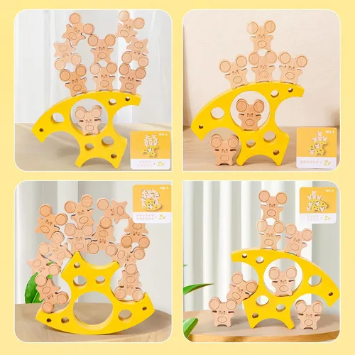 Miniatura 3 de HAPGFS Ratones de queso de madera apilables, juego de equilibrio para niños de todas las edades, mejora la creatividad, coordinación de ojos