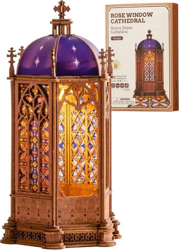 Miniatura 9 de Rolife Rompecabezas de madera 3D, modelo de arquitectura de catedral de geometría con luces LED, kit de construcción de manualidades para adultos