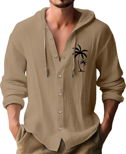 Miniatura 12 de Camisas de manga larga con botones para hombre, camisa con capucha a rayas verticales, casual, para vacaciones, verano, ligera, con cordón Z21