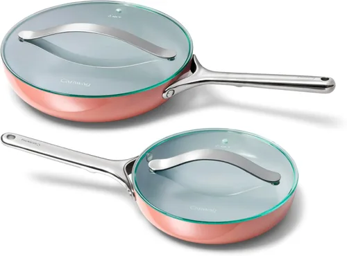 Miniatura 29 de Caraway Dúo de Sartenes de Cerámica con Tapas de Vidrio - Sartenes Antiadherentes (10.5" y 8") - No Tóxico, Libre de PTFE y PFOA - Apto para Horno