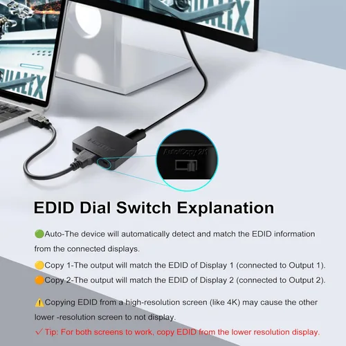 Miniatura 5 de NEWCARE Divisor HDMI 4K 1 en 2 salidas, divisor de cable HDMI para espejo solo TV (no extendido), divisor HDMI 1 macho a 2 hembra con dial EDID