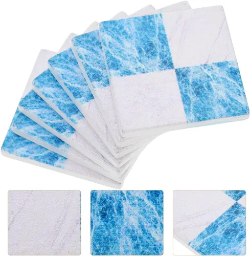 Miniatura 8 de Kisangel Suelo en miniatura, 27 piezas de azulejos de casa de muñecas de 1.18 pulgadas, hojas de mosaico azul y blanco para decoración de mini casa