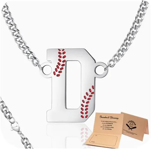 Miniatura 17 de QINJIEJIE Collar de béisbol inicial A-Z con letras, accesorios deportivos, colgante de encanto de béisbol, joyería de cadena de acero inoxidable 2-P