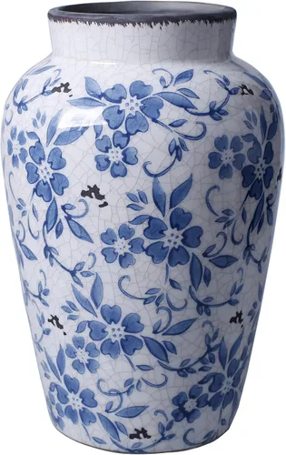 Jarrón vintage azul y blanco de porcelana, jarrón de flores de cerámica para decoración del hogar rústico 9.7" de alto