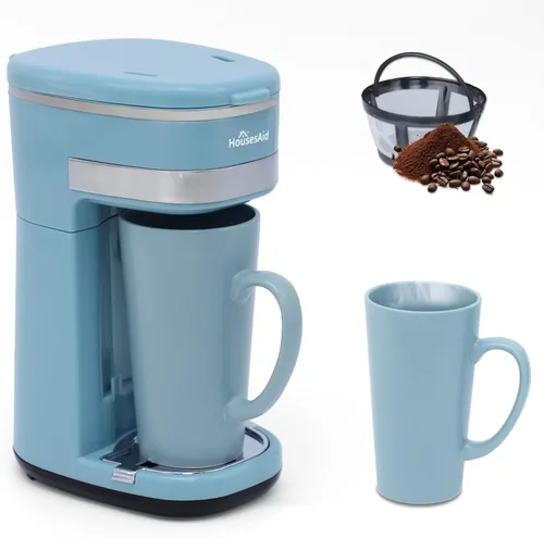 Cafetera, cafetera de una sola porción, cafetera de una taza con filtro reutilizable y botón de control de un solo toque, cafetera portátil para Azul