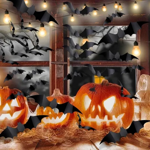 Miniatura 4 de Kit de decoración de papel de pared de murciélago volador negro, 1 unidad, espeluznante y elegante, perfecto para fiestas de Halloween y decoración