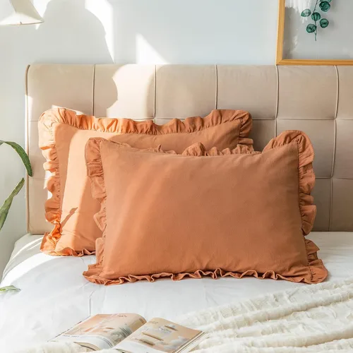 GLORY SEASON - Juego de 2 fundas de almohada lavadas 100% algodón con volantes retro y ribetes sólidos en color beige para decoración de dormitorio,