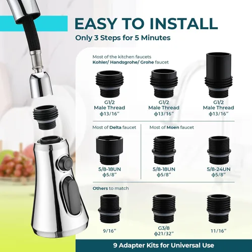Miniatura 3 de VFAUOSIT Cabezal de repuesto para grifo de cocina con 9 adaptadores, 3 modos (Aquablade) Cabezal rociador de grifo de fregadero de cocina extraíble