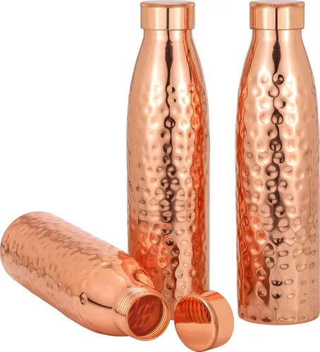 Juego de botellas de agua de cobre puro (paquete de 3, 34 onzas/33.8 fl oz), botellas de cobre con diseño martillado, apoya el bienestar ayurvédico,
