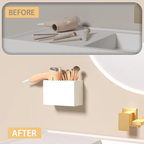 Miniatura 6 de Organizador de herramientas para el cabello, soporte para secadora de pelo de montaje en pared con 2 tazas, diseño festoneado, organizador