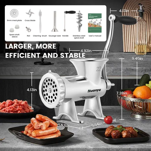 Miniatura 7 de Huanyu Picadora de carne manual Relleno de salchichas de acero inoxidable Máquina de molienda de carne comercial Picadora de carne de cerdo