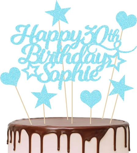 Decoración personalizada para tarta de cumpleaños con cualquier edad y nombre, decoración de pastel de fiesta 16 18 21 40 60, tarjeta con purpurina