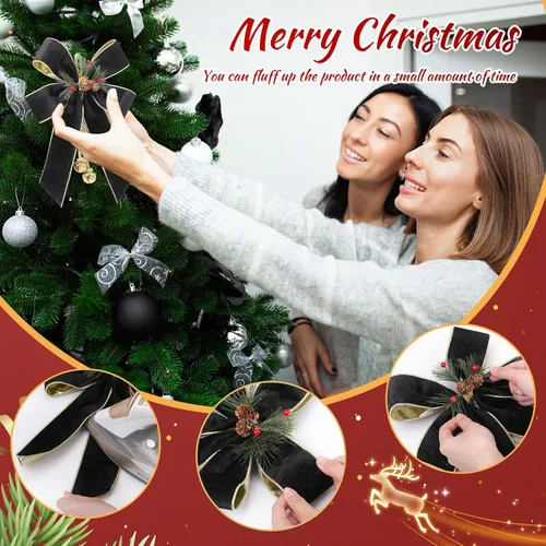 Miniatura 5 de Yinkin Corona de Árbol de Navidad Lazo Lazos de Cinta de Navidad con Campanas 11 x 7.8 pulgadas Terciopelo Cono de Pino Lazo Adornos Colgantes