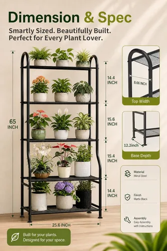 Miniatura 2 de Soporte de metal para plantas de 5 niveles para interiores y exteriores, soporte de flores impermeable para múltiples macetas, soportes resistentes