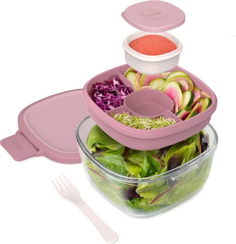 Miniatura 16 de Bentgo Recipiente de Ensalada de Vidrio Todo en Uno - Ensaladera Grande de 61 oz con Tapa, Bandeja Estilo Bento de 4 Compartimentos, Recipiente