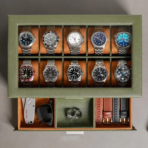 Miniatura 44 de ROTHWELL Caja de reloj de cuero de 10 ranuras con cajón de valet, organizador de exhibición de lujo con forro de microgamuza ultrasuave, soporte