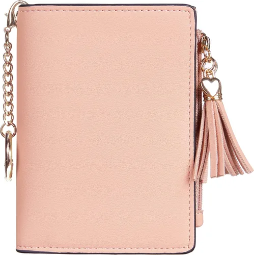 Miniatura 4 de Gostwo Mini cartera pequeña plegable para mujer con borla y bolsillo con cremallera para monedas, Rosa Con Llavero, Moda