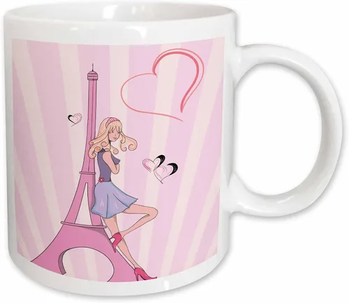 Miniatura 12 de 3dRose Girly Pink Girl Eiffel Tower and Hearts Paris Love Vector Illustration Taza de dos tonos, 11 onzas, negro/blanco
