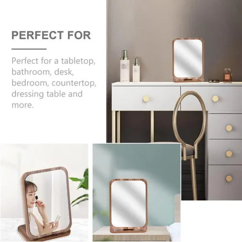Miniatura 3 de Beaupretty Espejo de maquillaje plegable para escritorio, espejo de maquillaje con soporte de madera, mesa plegable para escritorio, encimera, baño