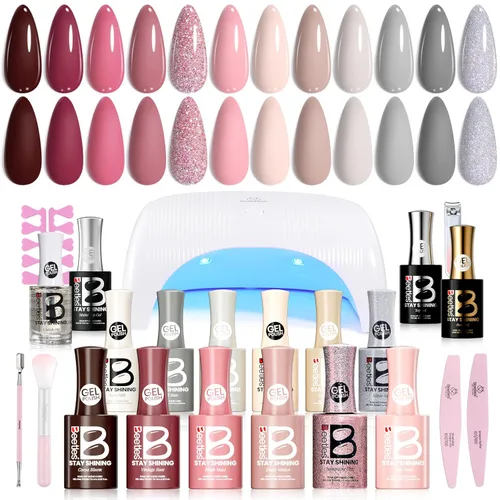 Miniatura 9 de Kit de esmalte de uñas de gel Beetles con luz UV, kit inicial de esmalte de gel semipermanente, lámpara LED de uñas en tonos gris, morado, malva