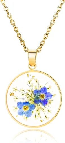 Collar de flores silvestres prensadas con encaje de Forget-Me-Not y Queen Anne | Collar de flores prensadas de oro | Collares hechos a mano