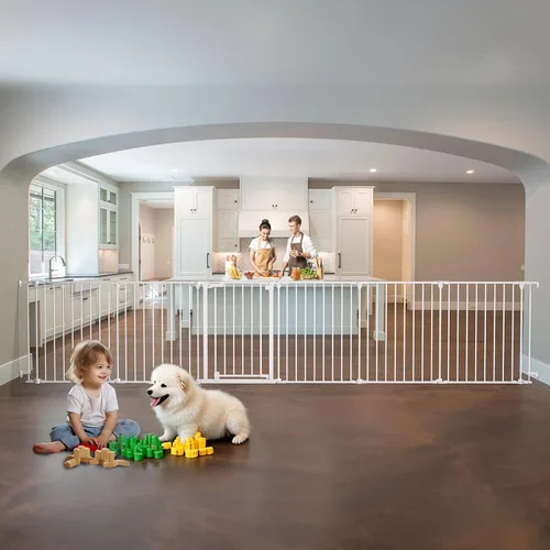 Puerta extra ancha para bebés de 150 pulgadas, puerta de seguridad infantil para patio de juegos, puertas para perros con puerta de cierre Blanco