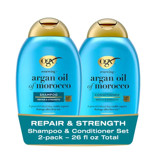 OGX Renewing + Argan Oil of Morocco - Juego de champú y acondicionador reparador de daños que ayuda a fortalecer y reparar el cabello seco y dañado,