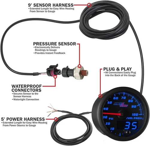 Miniatura 3 de Black & Blue MaxTow - Medidor de presión de combustible, 100 PSI.