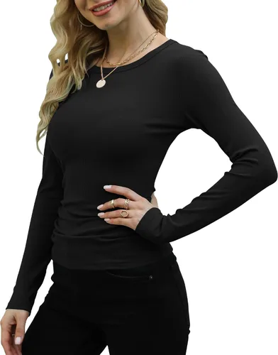 Miniatura 2 de GEMBERA Camisas básicas ajustadas de manga larga acanaladas con cuello redondo para mujer