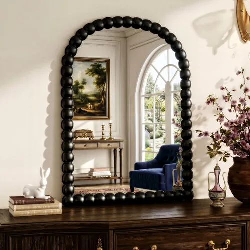 Espejo de tocador de baño con forma de arco negro de 22 x 30 pulgadas, espejo de maquillaje decorativo con cuentas vintage, como decoración de pared