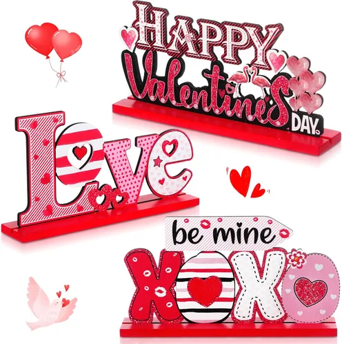 Miniatura 7 de Sumind 3 piezas de decoración de mesa de madera para el día de San Valentín para el hogar, centro de mesa de San Valentín para comedor, oficina