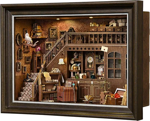 Miniatura 11 de Kit de rincón de libros, rompecabezas de madera 3D con control de interruptor LED y marco para montar en pared, casa en miniatura