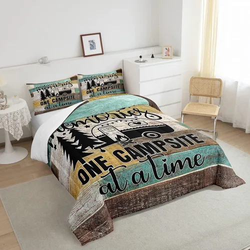 Miniatura 4 de Juego de ropa de cama con temática de cámper, juego de edredón de cabaña de madera marrón y verde, tamaño matrimonial, 3 piezas, decoración de Multi
