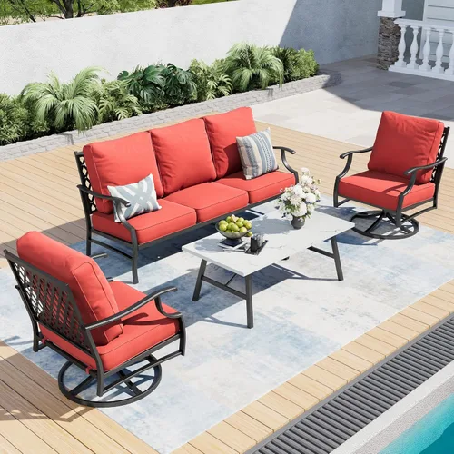 Miniatura 42 de SUNSHINE VALLEY Juego de muebles de patio, 4 piezas de muebles modernos de metal para exteriores, sofá de 3 plazas, 2 sillas mecedoras, mesa