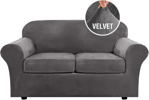 H.VERSAILTEX Fundas de Sofá Elásticas de Terciopelo Real Suave de 3 Piezas Fundas de Sofá para Sofá de 2 Cojines Fundas de Loveseat con Ancho de Gris