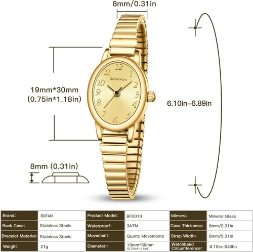 Miniatura 4 de BOFAN Relojes pequeños de oro para mujer, relojes de pulsera de cuarzo de fácil lectura con banda de expansión de acero inoxidable, resistente al