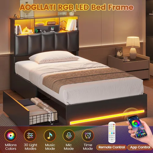 Miniatura 3 de AOGLLATI Base de cama individual con 4 cajones de almacenamiento, estación de carga y luces LED, marcos de cama individual con elegante cabecero