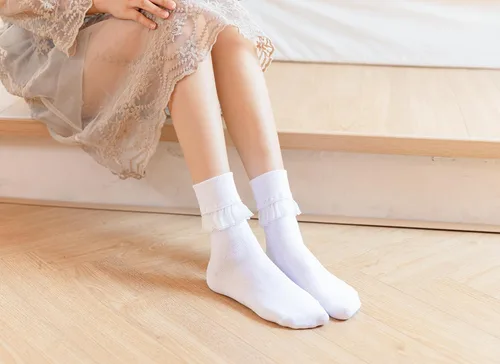 Miniatura 6 de SRYL YYS09 - Calcetines de tobillo para mujer, con encaje, con volantes, cómodos, de algodón, para mujer, niña, princesa