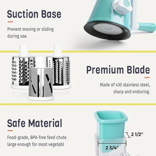 Miniatura 6 de Rallador de queso giratorio X Home para cocina, triturador con 3 cuchillas intercambiables, rallador giratorio con mango y base de succión fuerte