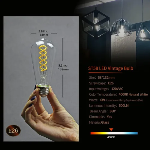 Miniatura 5 de Bombilla LED Edison ST19 (ST58), vintage, paquete de 6, blanco natural 4000 K, bombilla de filamento LED espiral flexible antiguo, regulable, 600