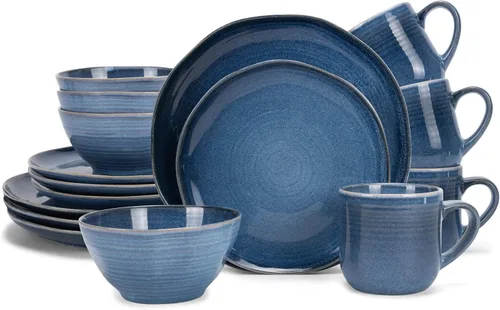 Miniatura 14 de Elanze Designs Reactive Glaze Farmhouse - Juego de vajilla rústica de cerámica bohemia de cerámica de 16 piezas, servicio para 4, color azul hielo