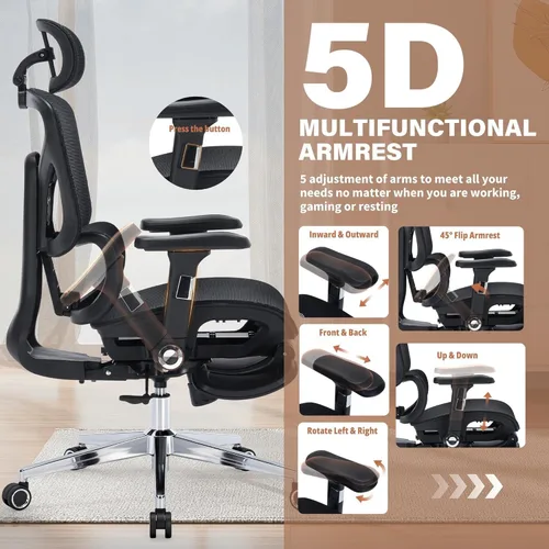 Miniatura 4 de Silla de oficina ergonómica con reposapiés, silla de escritorio de malla resistente de 400 libras, reposabrazos 5D, lumbar 3D, respaldo de 5