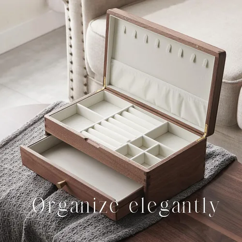 Miniatura 3 de Beexchange Joyero de madera de nogal negro, hecho a mano, caja de joyería clásica. Joyeros y organizadores para mujeres, hombres y niñas (doble capa)