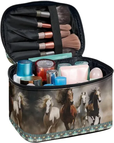 Miniatura 2 de Flashideas Bolsa de maquillaje para cosméticos Almacenamiento vertical Bolsa de maquillaje de viaje de gran capacidad, Caballo Azteca 1