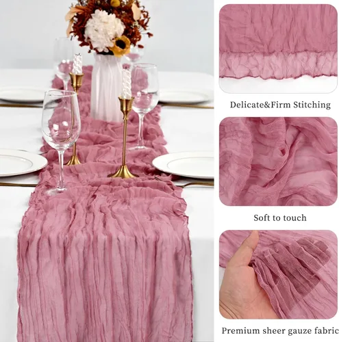 Miniatura 4 de Paquete de 20 caminos de mesa de color rosa polvoriento, camino de mesa de gasa de 10 pies, camino de mesa de tela de queso bohemio, romántico, Rosa