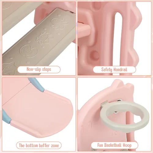 Miniatura 8 de Nyeekoy 3 en 1 Tobogán para niños pequeños, juego de escalada y deslizamiento con aro de baloncesto, patio de juegos para interiores y exteriores