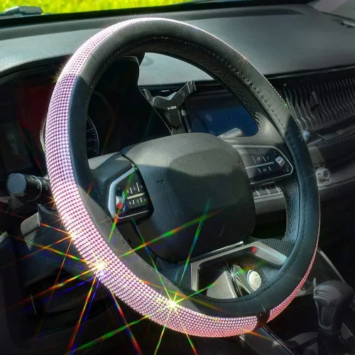 Miniatura 8 de Nueva funda de volante de cuero con diamantes de imitación y cristales brillantes, protector de rueda de auto de 15 pulgadas de ajuste universal