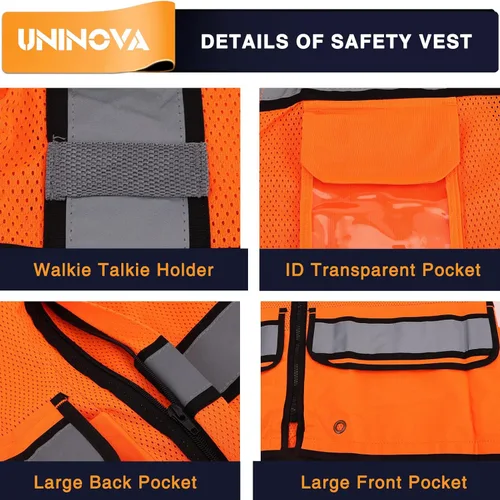 Miniatura 4 de Chaleco de seguridad reflectante para agrimensores para hombres, chaleco de seguridad de malla reflectante de clase 2 con bolsillos y cremallera