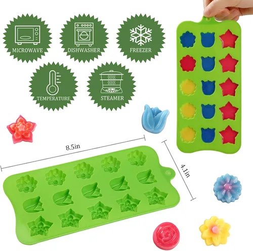 Miniatura 2 de FIRETREESILVERFLOWER Juego de moldes de chocolate con forma de flor, corazón, estrellas, rosa, flores en combinación, molde de silicona para hornear