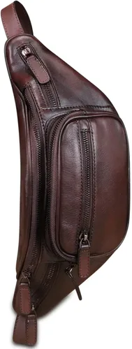 Miniatura 4 de Riñonera de cuero genuino Riñonera de cuero de vaca casual senderismo Sling Bag Crossbody Pecho Bolsas hombro Daypack, Café, Vintage